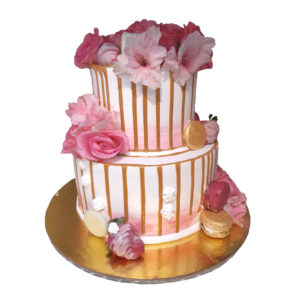 2 Tier Fresh Flower Cake with Golden Strips and Macaroons