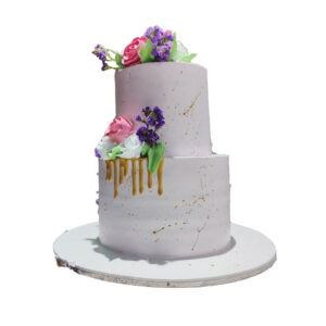 2 Tier White Fresh Flower cake with Golden Strips
