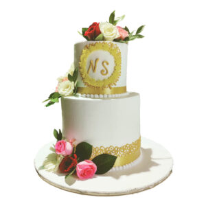 2 Tier Fresh Flower White n Golden Cake