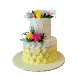 2 Tier Floral and Fresh Flower Yellow Cake